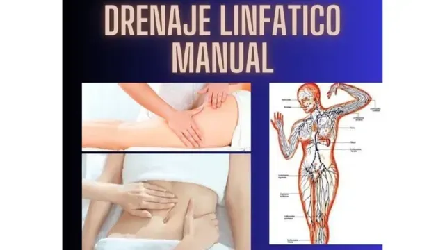 Collage sobre drenaje linfático manual con manos masajeando abdomen y diagrama del sistema linfático.