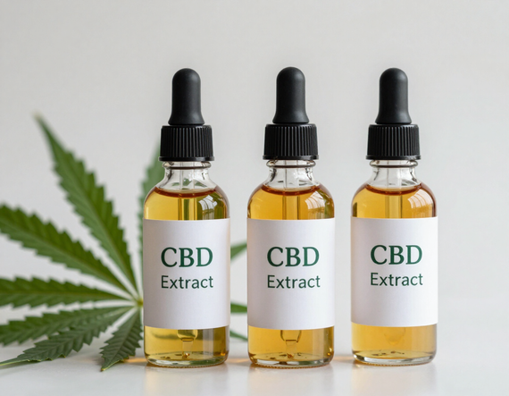 Tres frascos cuentagotas de extracto de CBD junto a una hoja de cannabis verde sobre un fondo blanco.