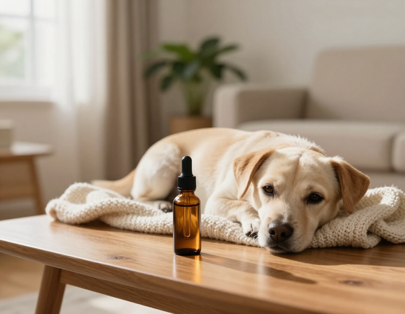 Golden retriever descansando sobre una manta junto a una pequeña botella de color ámbar sobre una mesa de centro de madera.