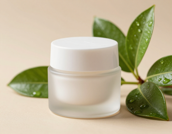 Tarro cosmético blanco con tapa junto a hojas verdes con gotas de agua sobre un fondo beige.