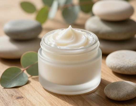 Tarro de crema con nata montada sobre una superficie de madera, rodeado de piedras lisas y hojas verdes.
