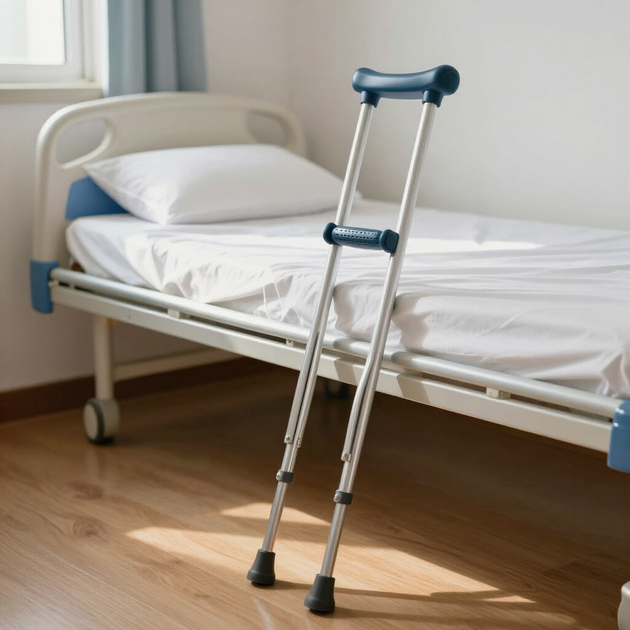 Una cama de hospital con sábanas blancas y un par de muletas plateadas apoyadas a su lado.