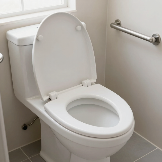 Inodoro blanco con tapa abierta en un baño alicatado, junto a una barra de apoyo.