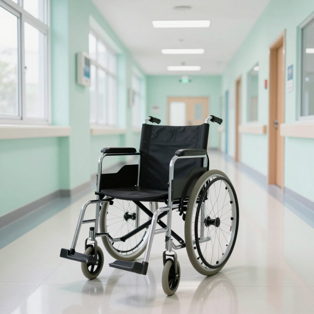 Silla de ruedas vacía en el pasillo de un hospital con paredes verde menta y ventanas luminosas.