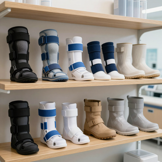 Estantes repletos de botas ortopédicas y aparatos ortopédicos para piernas de diversos colores.
