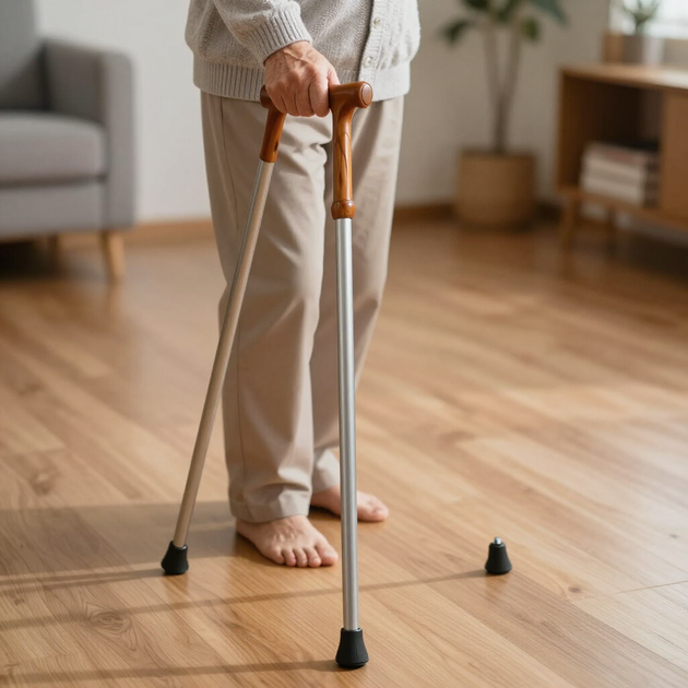 Persona que usa un andador sobre un suelo de madera en una habitación luminosa.