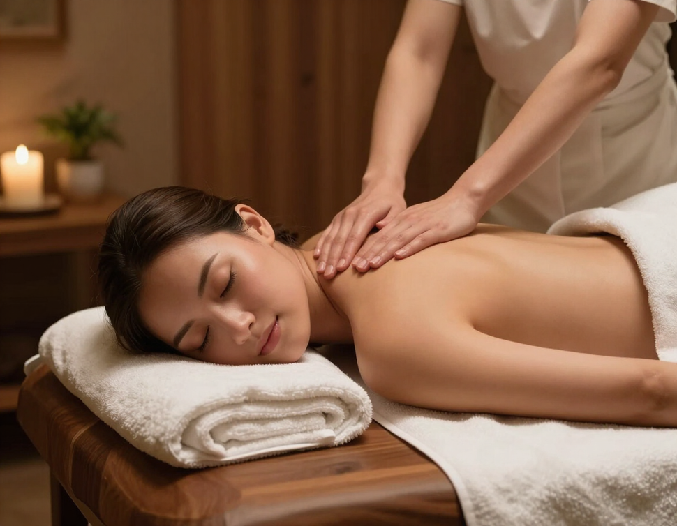 Masaje de spa con una persona recibiendo un masaje de hombros en una camilla de tratamiento.
