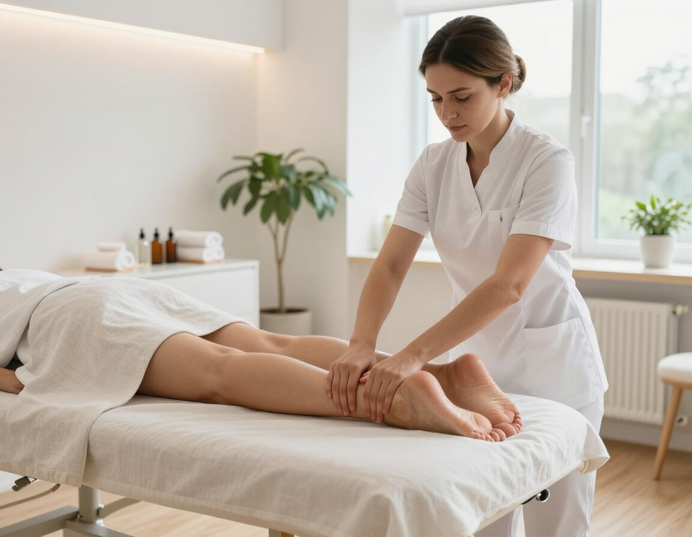Masajista dando un masaje en las piernas de un cliente sobre una camilla de tratamiento en una luminosa sala de spa.