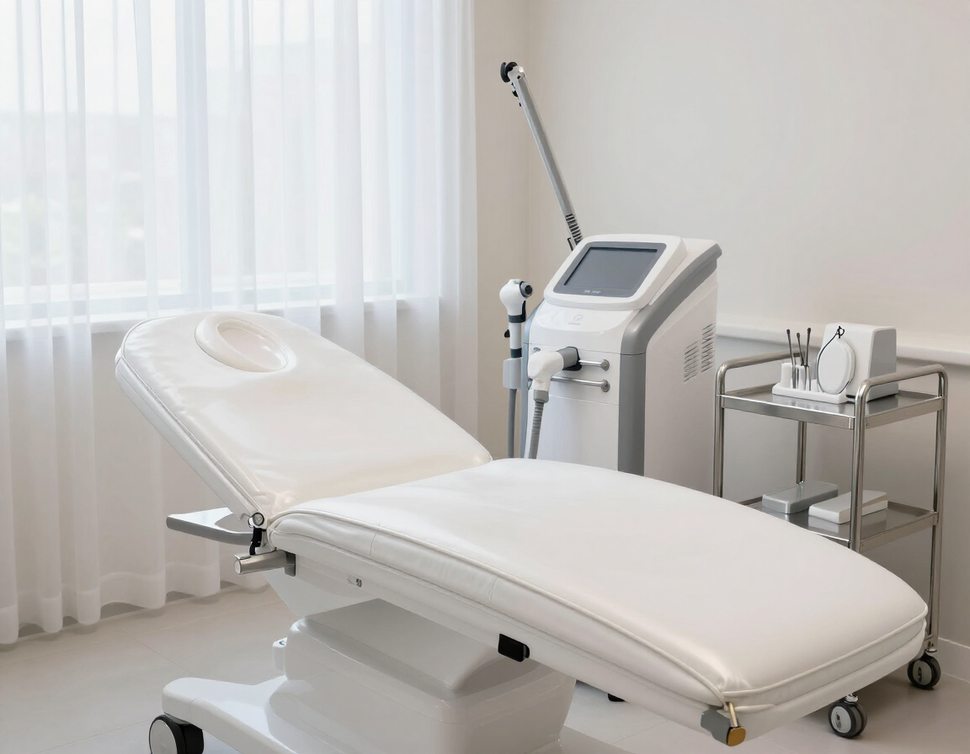 Sala de tratamiento médico moderna y vacía con sillón reclinable y equipo cerca de una ventana.