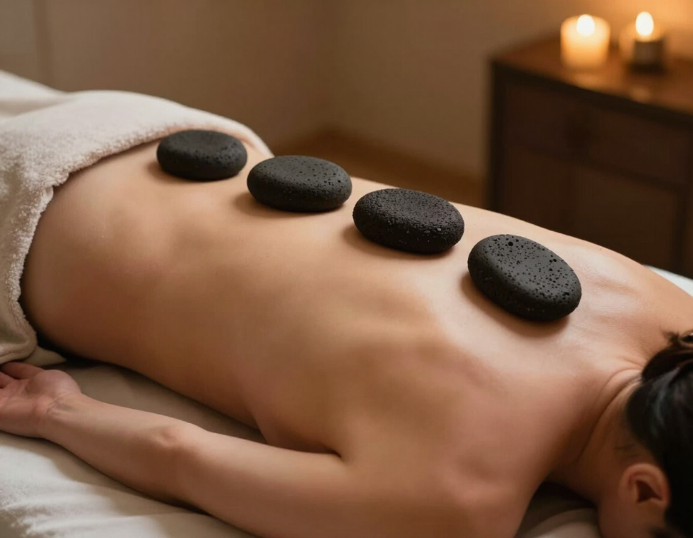 Masaje de spa con piedras calientes sobre la espalda desnuda en una habitación con luz tenue a la luz de las velas.