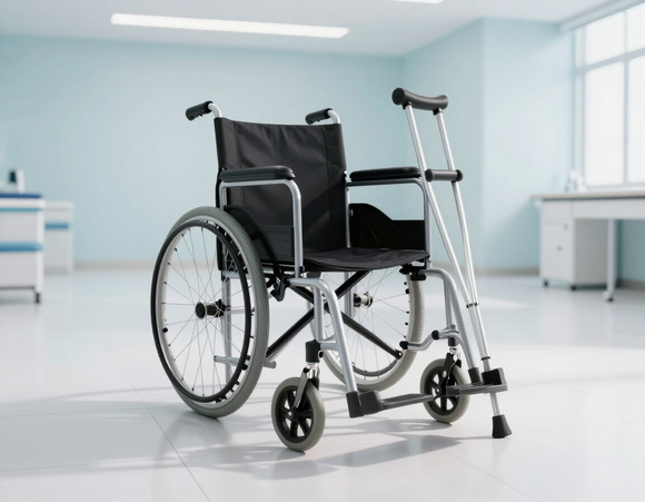 Silla de ruedas negra vacía en una habitación de hospital luminosa