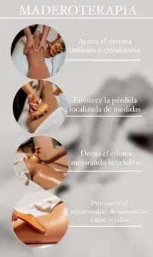 Cartel de maderoterapia en tonos beige con fotos de masaje y beneficios corporales.