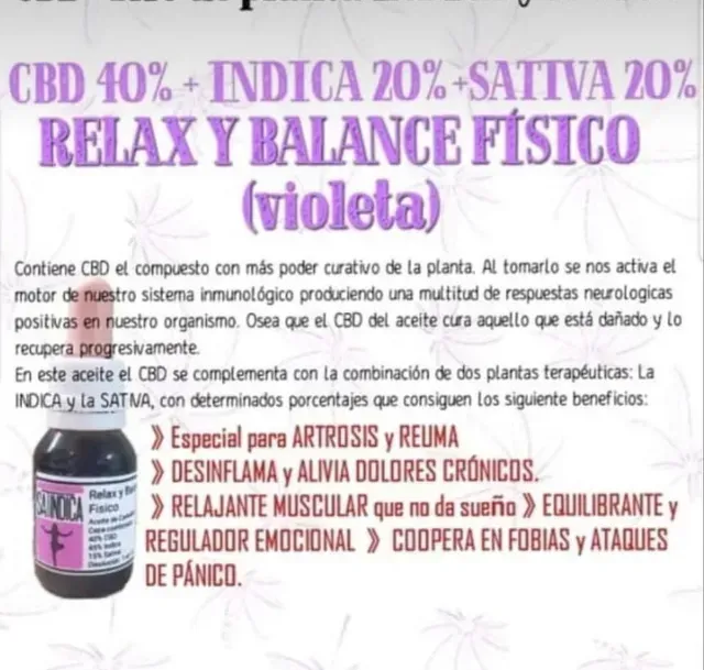 Cartel promocional español de CBD 40%, indica 20%, sativa 20% “Relax y equilibrio físico (violeta)”.