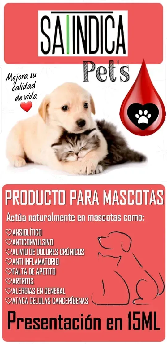 Etiqueta de producto SA INDICA Pets con un cachorro, un gato, fondo rojo y el texto “Presentación en 15ML”