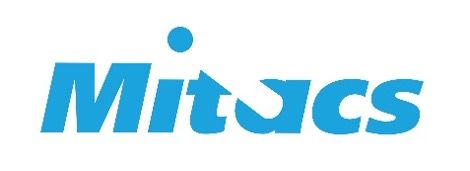 A blue and white logo for mitacs on a white background.