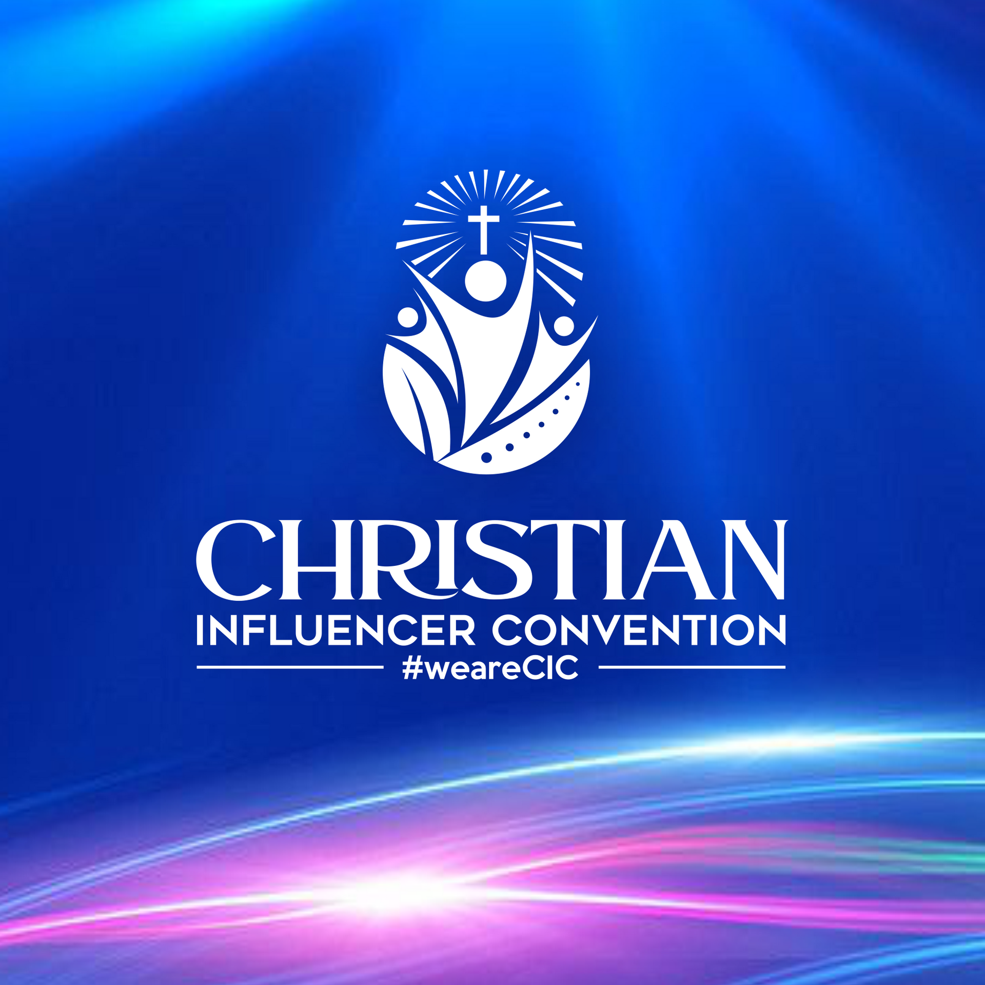 Blue event graphic for Christian Influencer Convention with white logo and pink light streaks