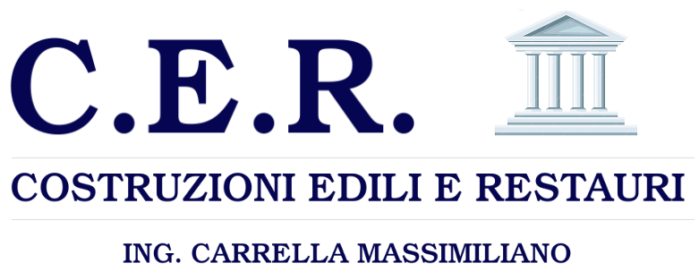 Logo di CER Constructions con testo blu scuro, illustrazione di un edificio e il nome "Ing. Carrella Massimiliano".