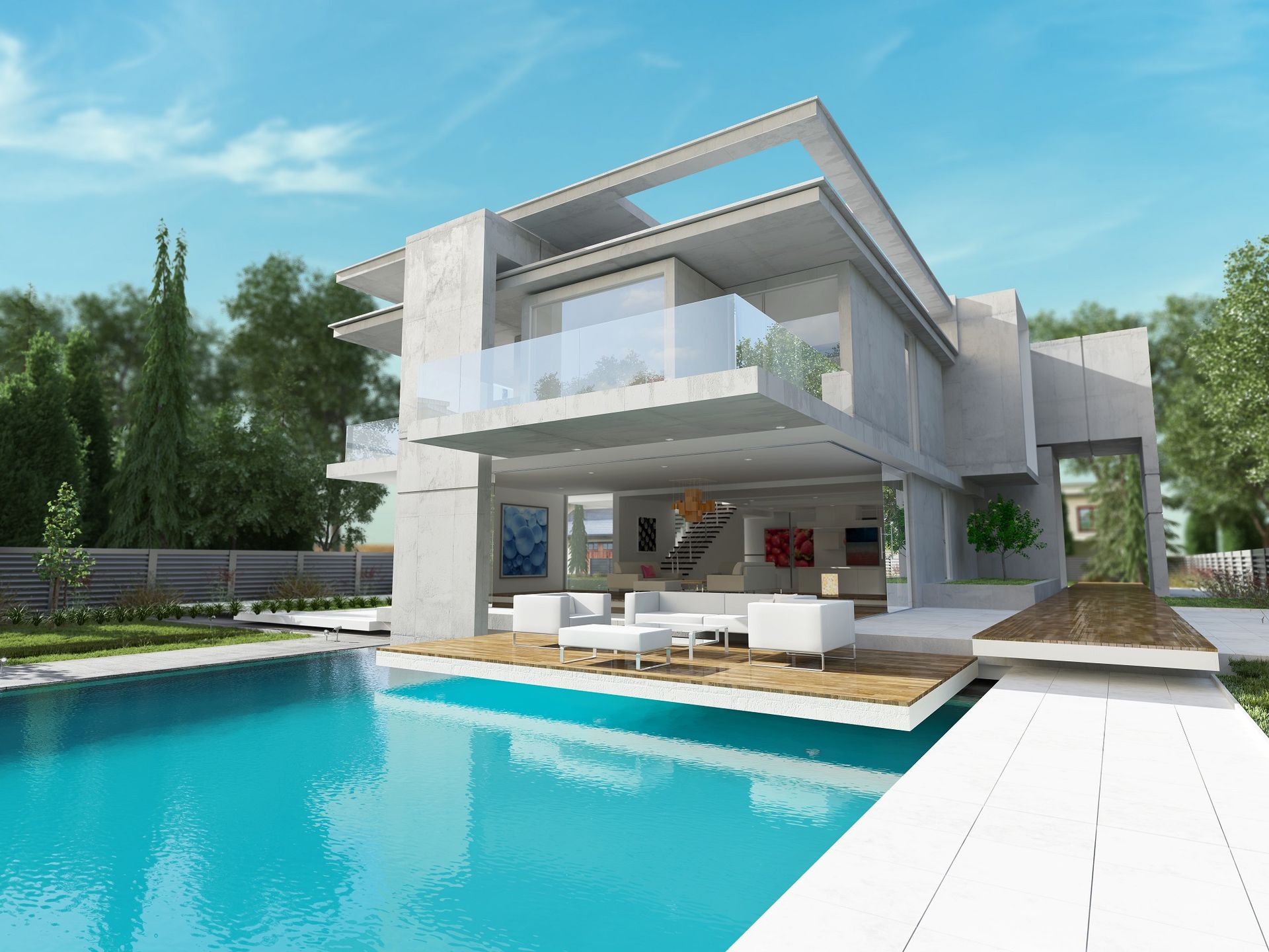 Casa moderna con piscina; esterni in cemento, ringhiere in vetro, zona giorno aperta, cielo azzurro.