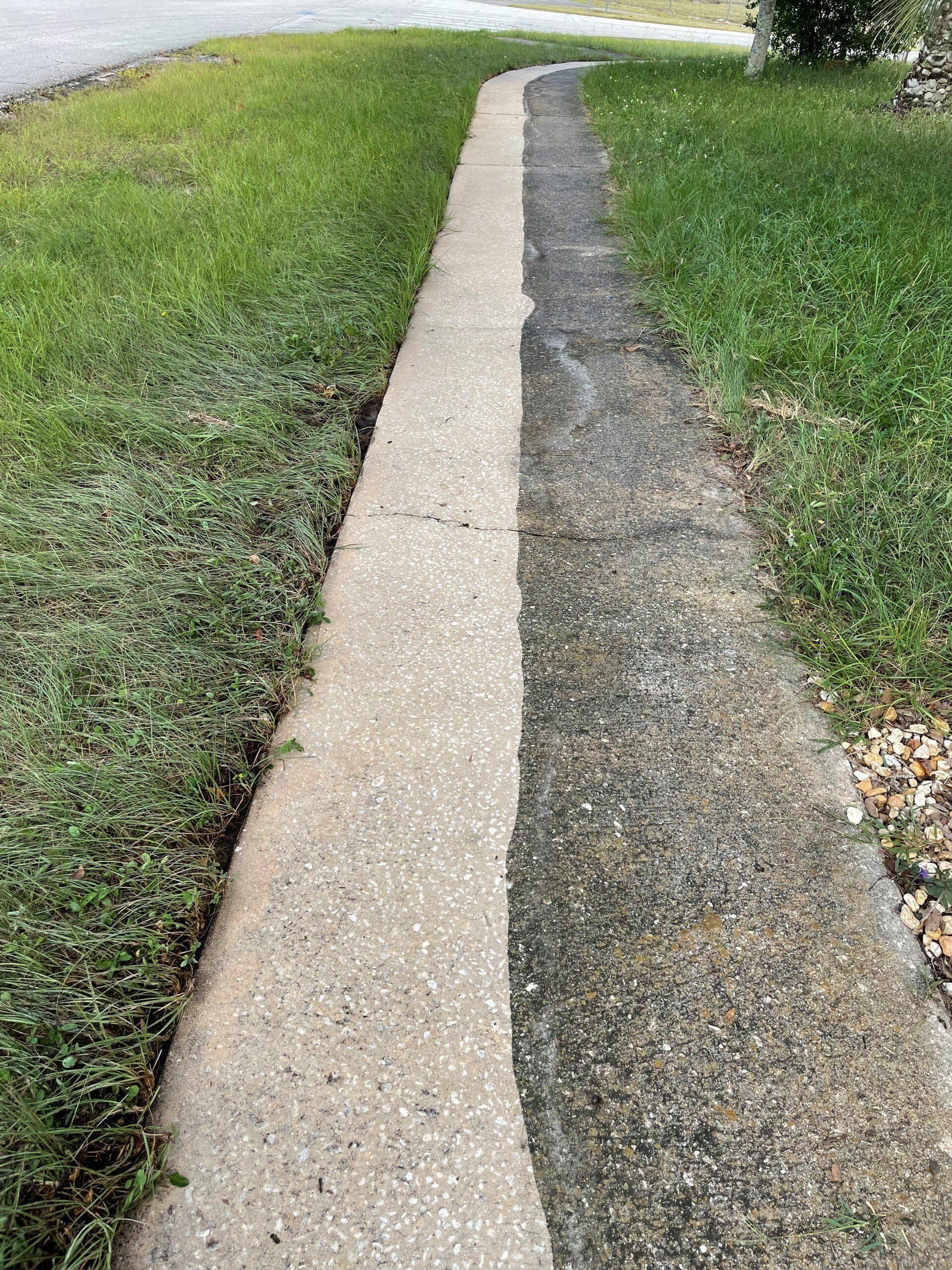 A sidewalk divided lengthwise into two sections: one light concrete and the other dark, weathered asphalt.