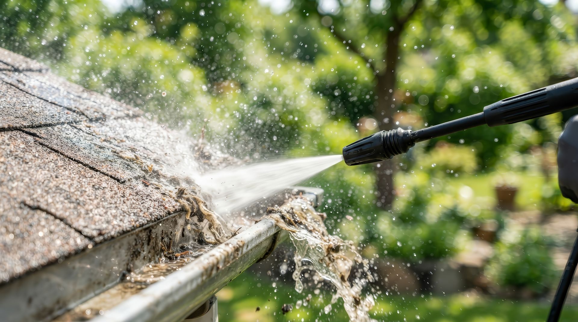 Low-pressure roof soft washing spray on shingles
