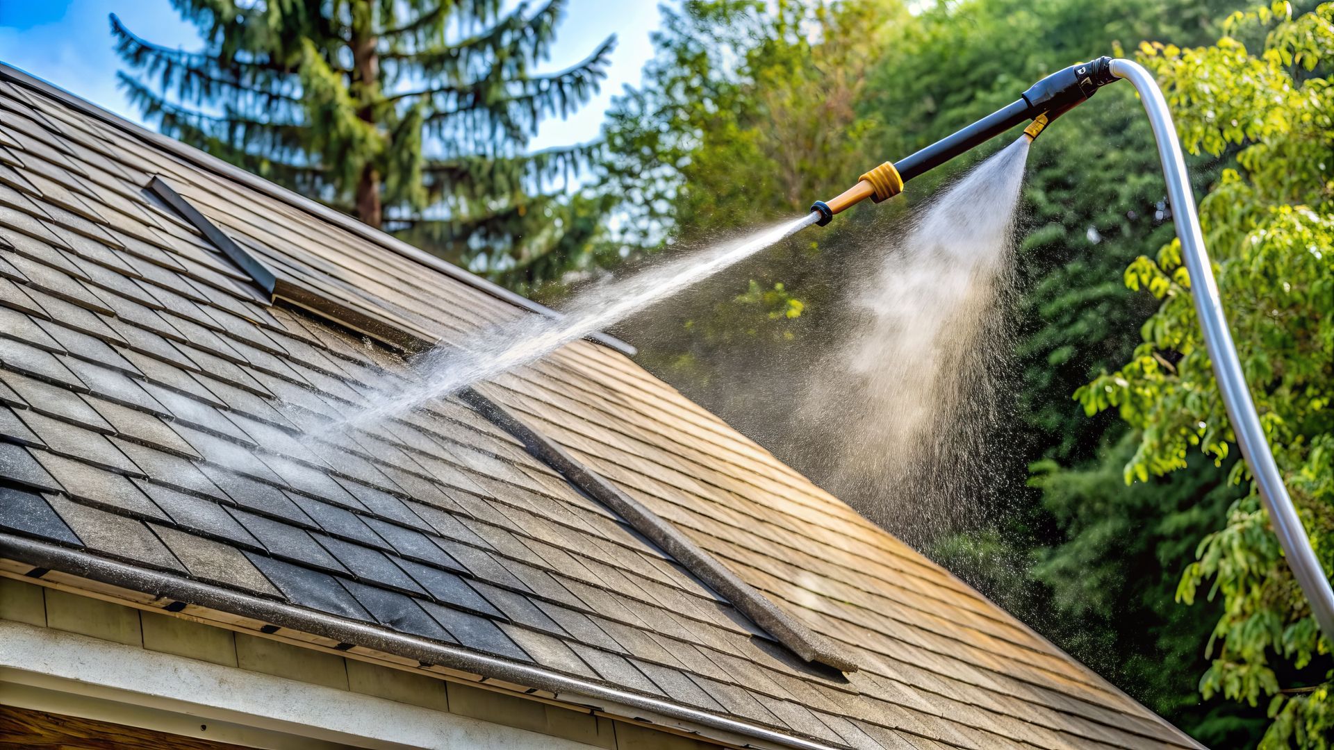 Roof soft washing service cleaning asphalt shingles with low-pressure water spray system. Roof soft washing service cleaning asphalt shingles with low-pressure water spray system.