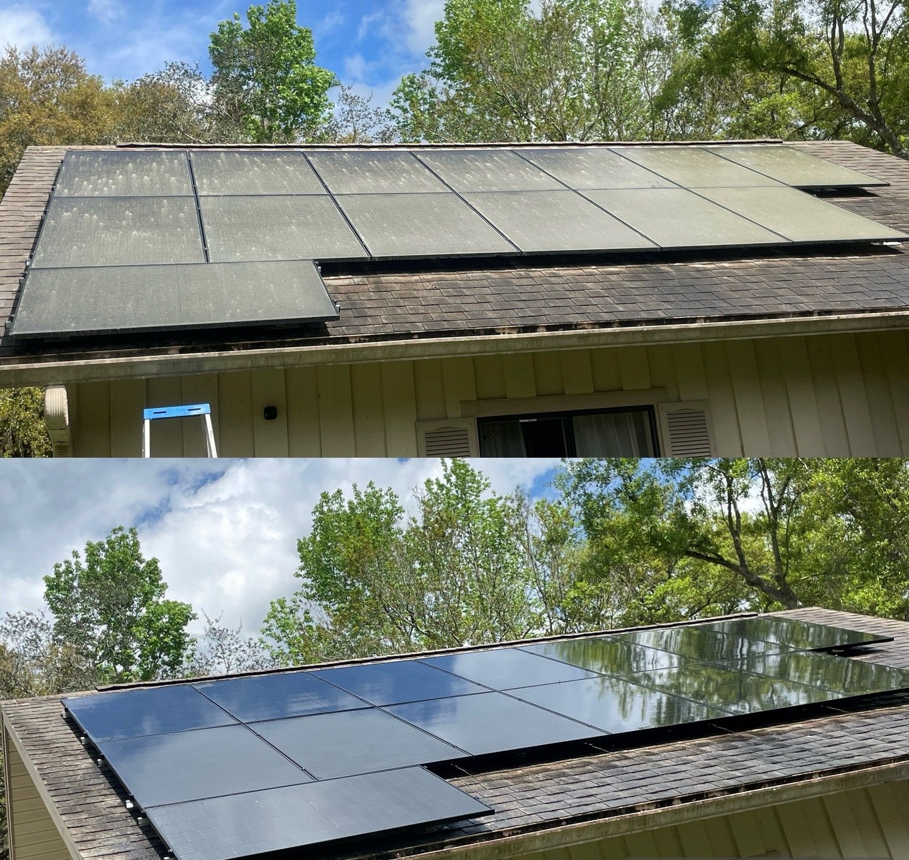 A split view showing solar panels on a residential roof before and after a professional cleaning.