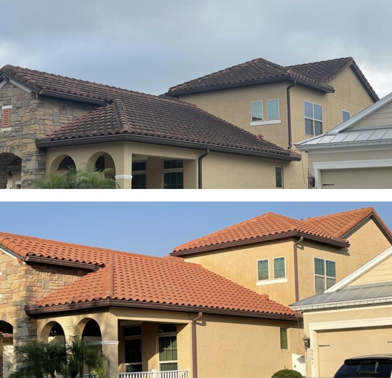 Two photos of the same house showing the roof color before and after a cleaning process: dark gray tiles vs. clean orange.