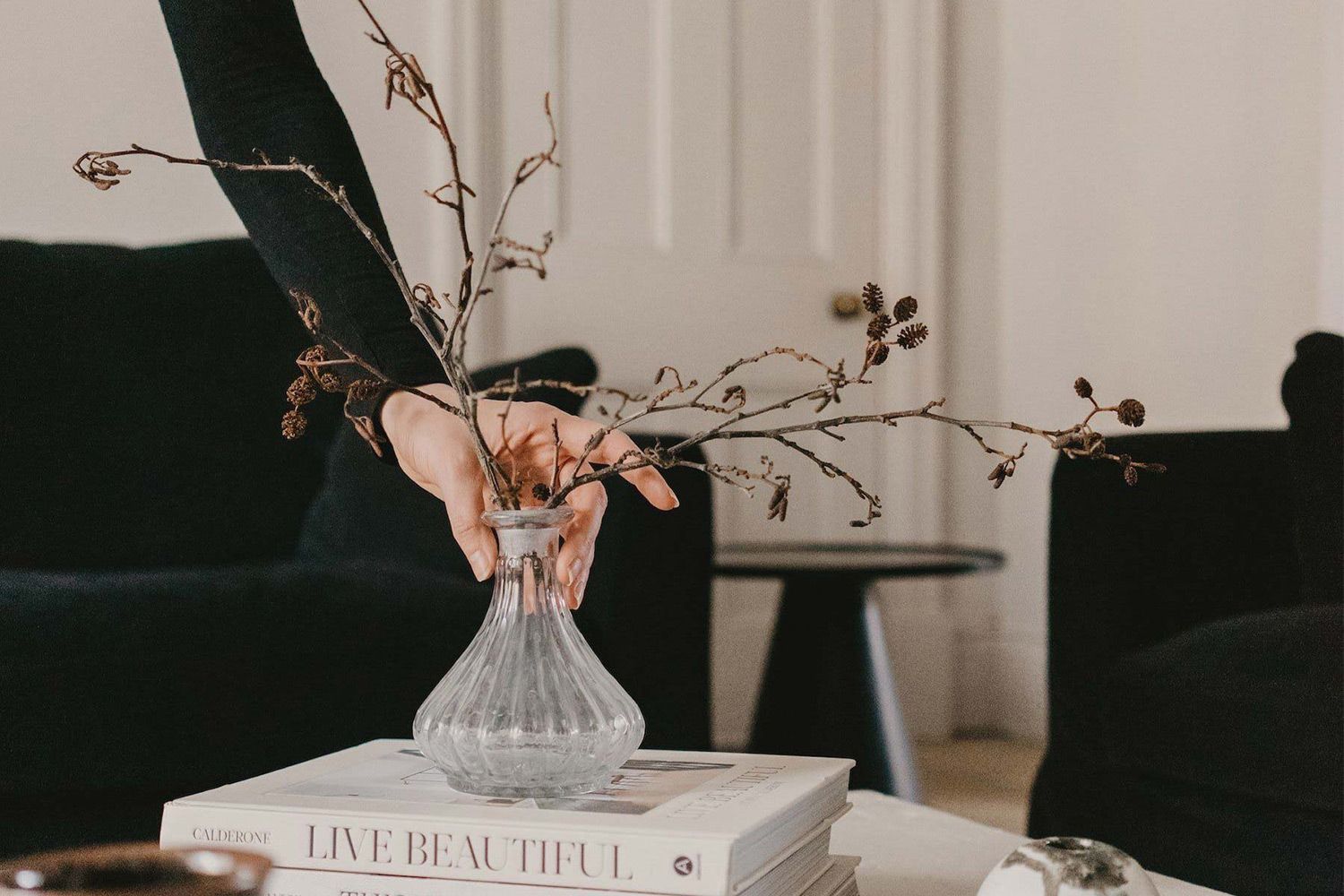 person placing down vase on a book