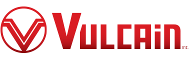 The logo for vulcain is red and white and has a circle around it.