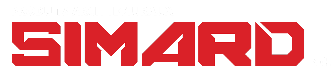 A red and white logo for simard on a white background