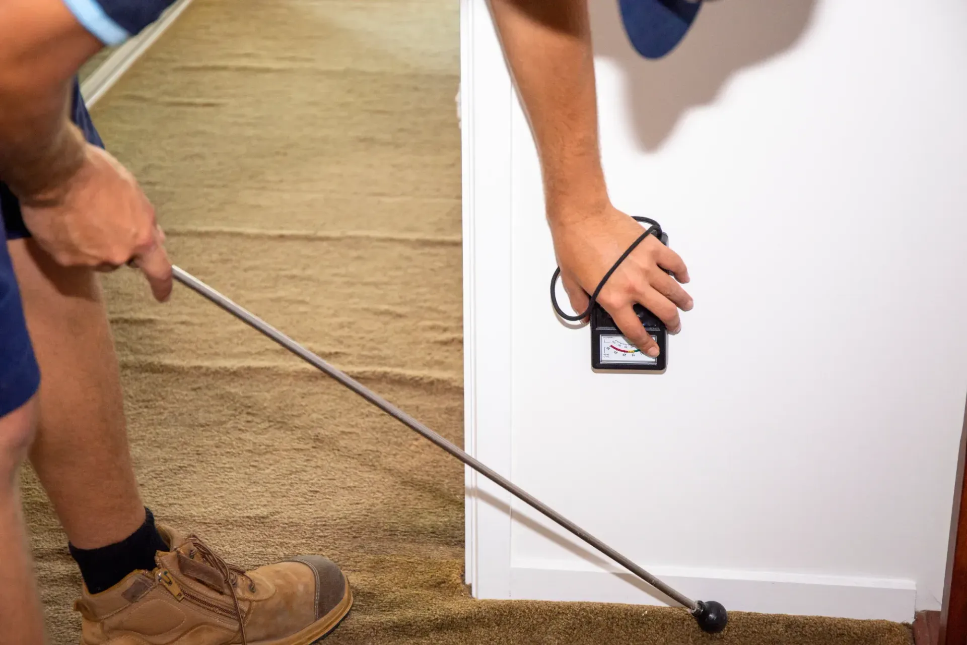 Worker Using a Long Tool to Inspect Beneath a Wall Panel Near a Baseboard  — HYVIS Pty Ltd in Mulambin, QLD