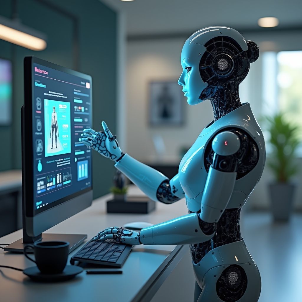Blue humanoid robot using a touchscreen dashboard in a modern office workspace