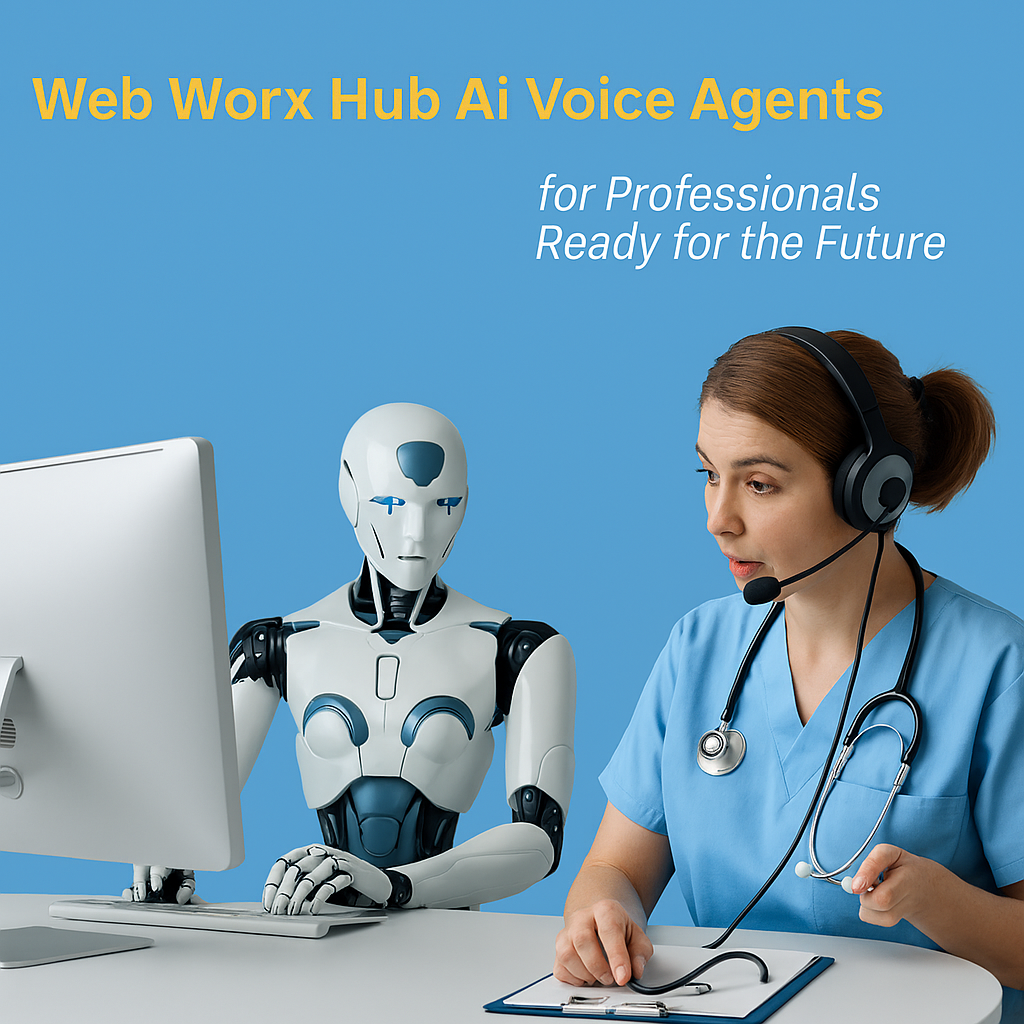 AI voice agents branding with robot and headset-wearing clinician at computer on blue background
