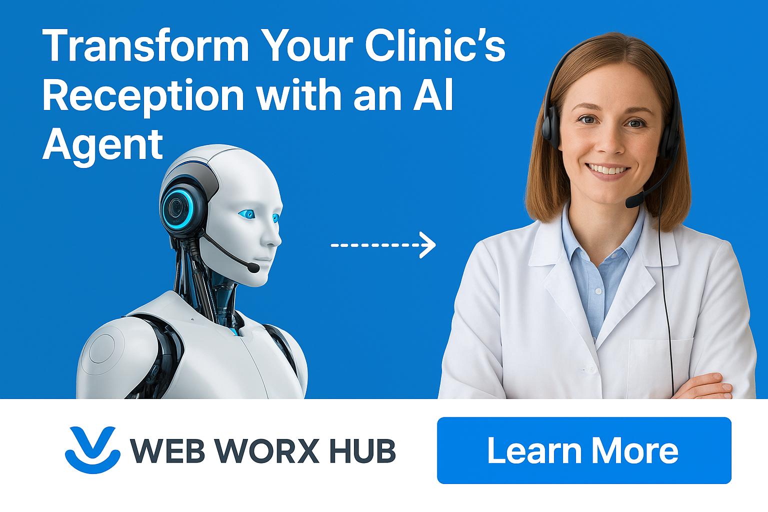 Upgrade Your Front Desk — AI Receptionist for Smarter Patient Engagement Humanoid robot with headset replacing human receptionist, symbolizing AI-powered transformation of clinic reception.