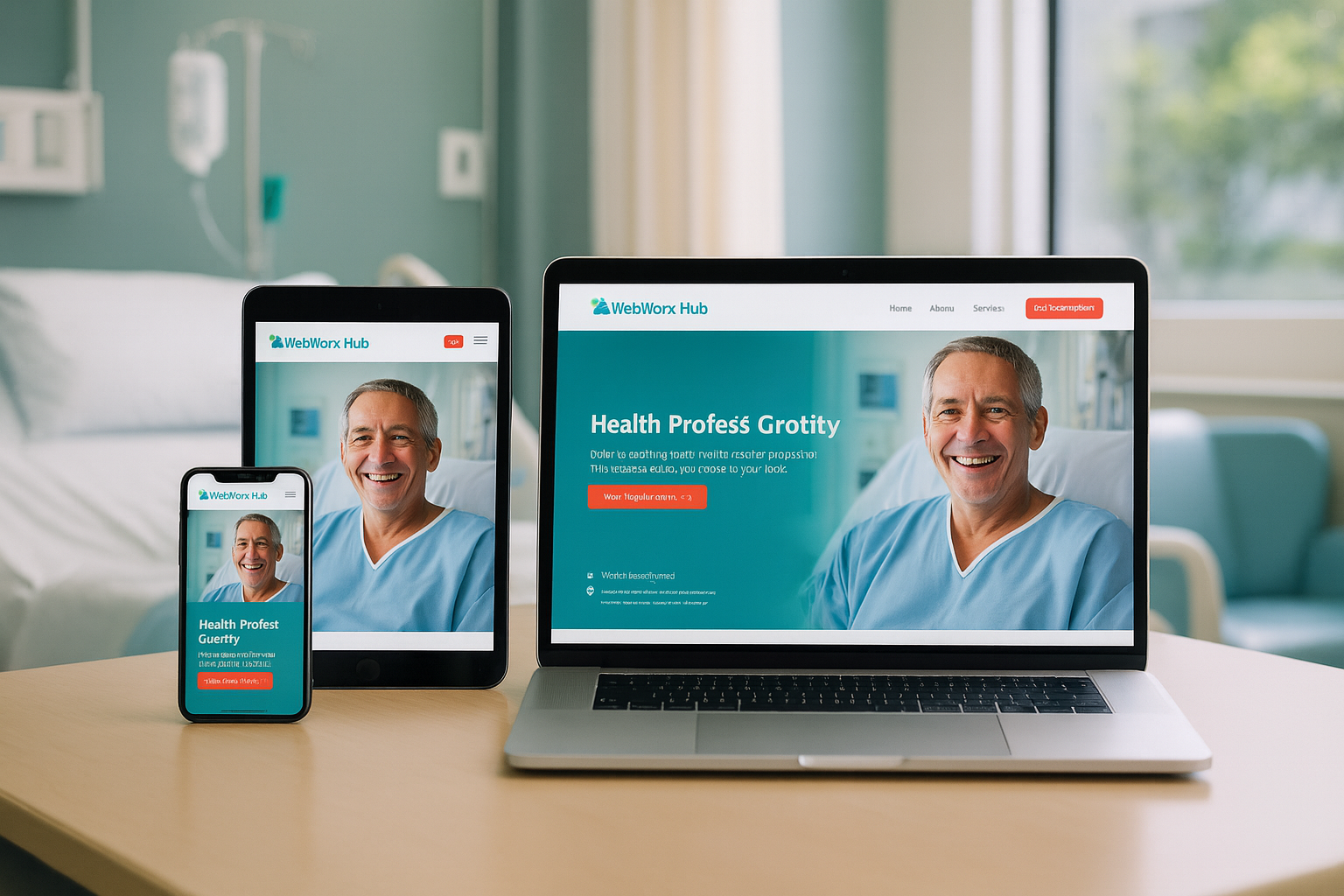 Laptop, tablet, and phone display a teal healthcare website with a smiling doctor in a clinic setting.
