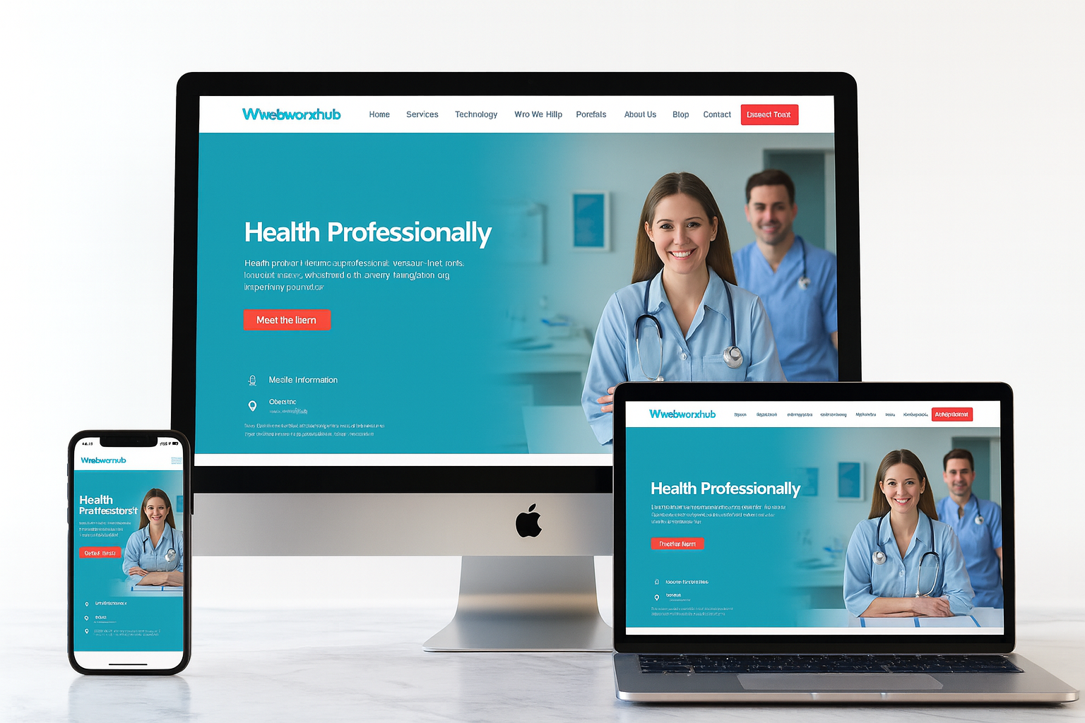 Responsive healthcare website shown on desktop, laptop, and phone screens