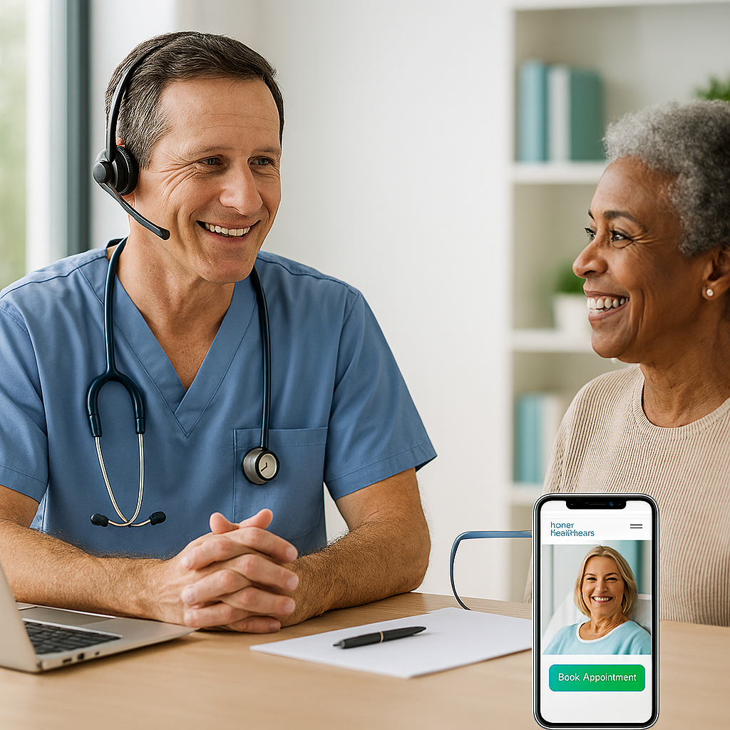 Always Available, Always Caring — AI-Powered Patient Connection Doctor in blue scrubs smiles during a video call with a patient on a desk smartphone.