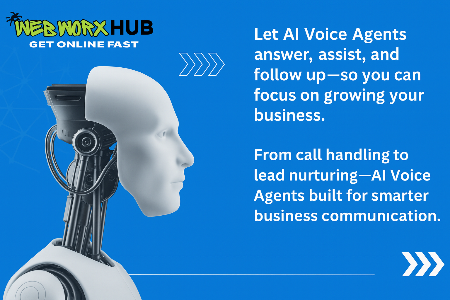 Let AI Handle the Calls — You Focus on Growth AI voice agent promo on blue background with robot head and text about answering, assisting, and following up leads