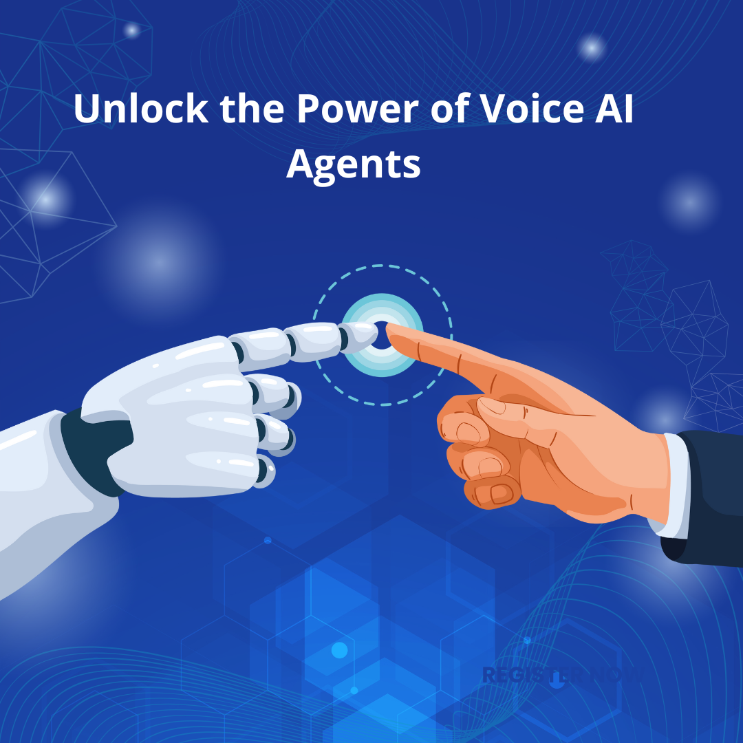 Illustration of robot and human hands touching, with text “Unlock the Power of Voice AI Agents” on a blue background