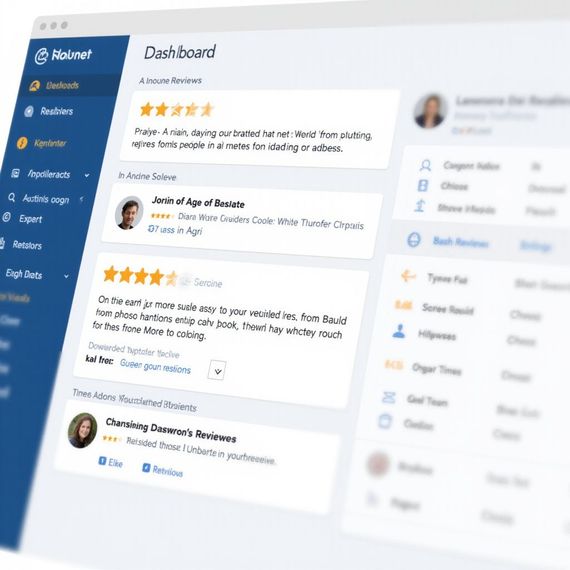 Blue analytics dashboard with sidebar, star-rated reviews, and user profile cards