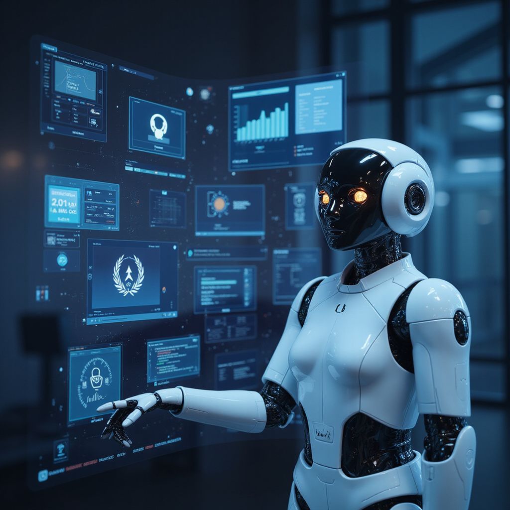Humanoid robot analyzing blue data dashboards in a futuristic control room