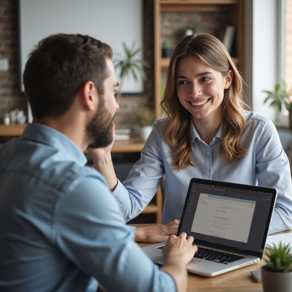Two coworkers talking at a table with an open laptop in a bright office