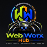 Web Worx Hub – Get Online Fast Web Worx Hub logo with black spider icon, green and black text, and blue tagline “GET ONLINE FAST”