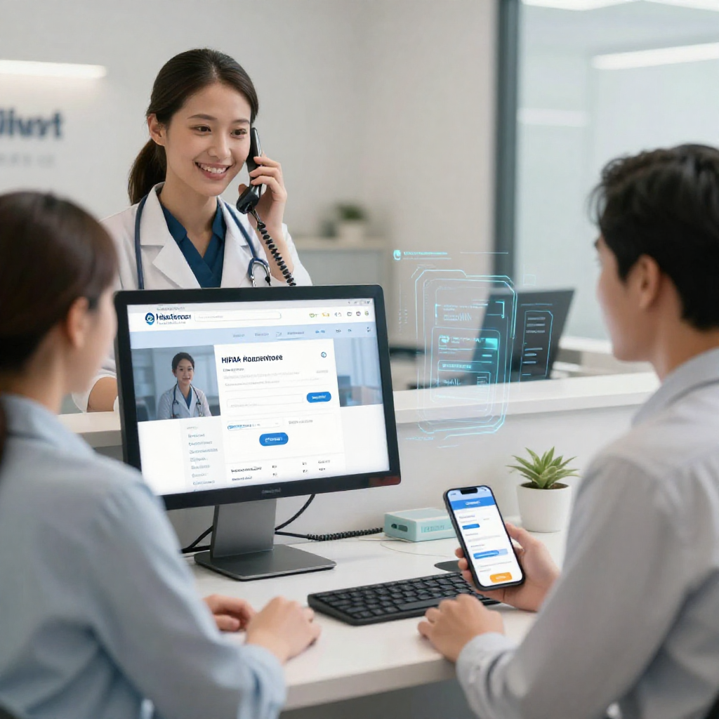 Website + AI Receptionist: Your Practice, Always Connected Healthcare staff assisting a patient at a desk with a computer and phone in a bright clinic