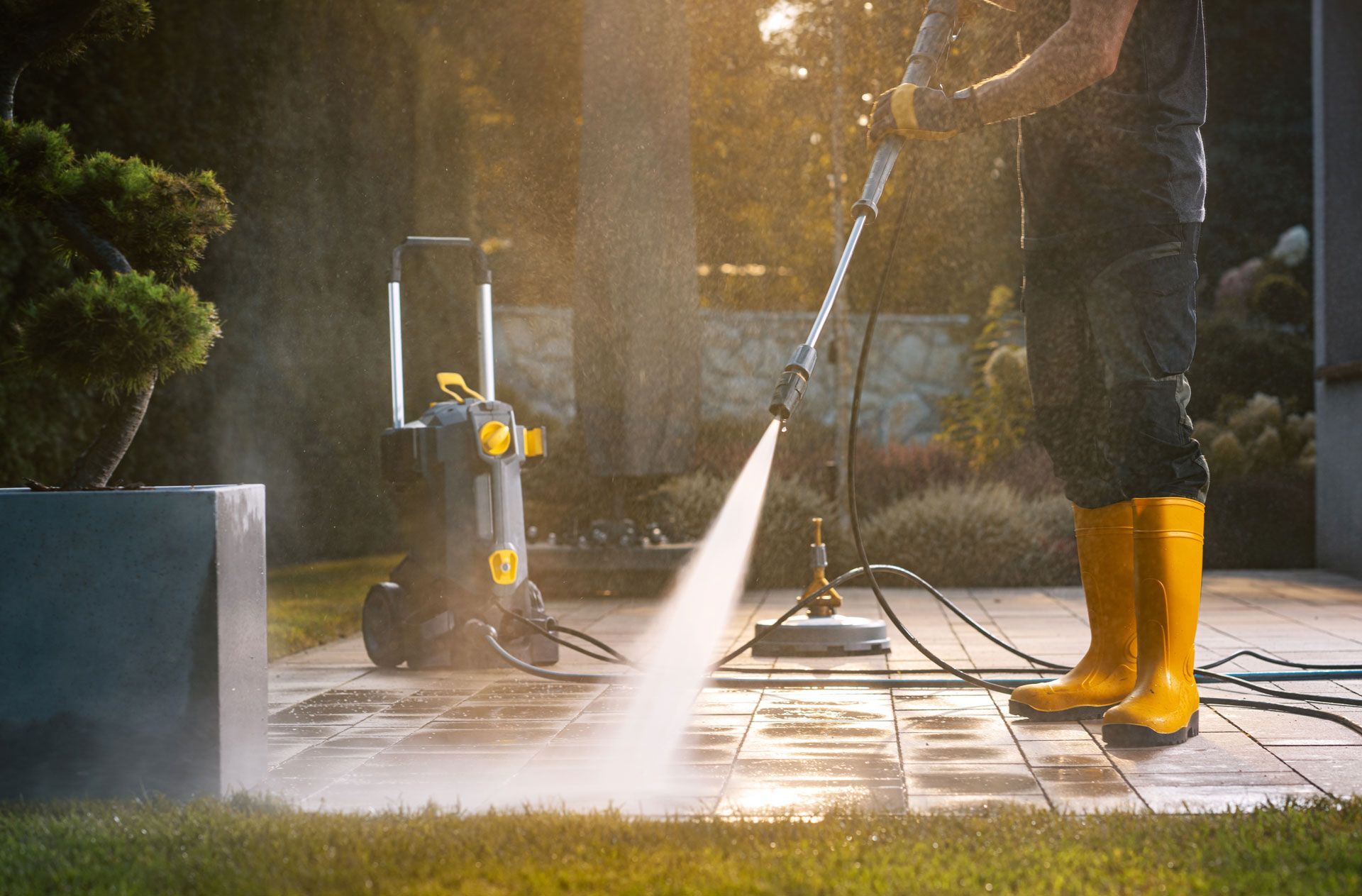 Person power washing a patio with a pressure washer; yellow boots and machine.