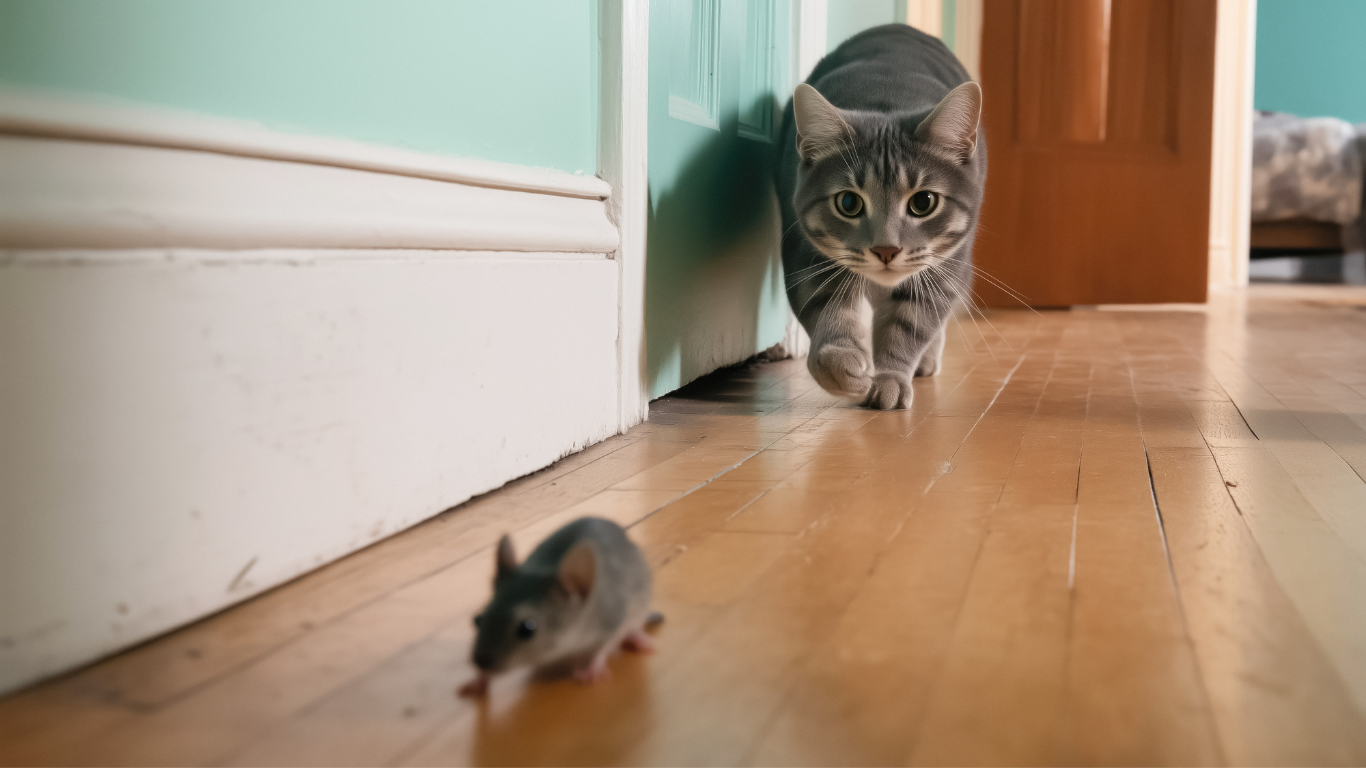 Gray tabby cat stalking a gray mouse on a wooden floor in a room with a blue wall.