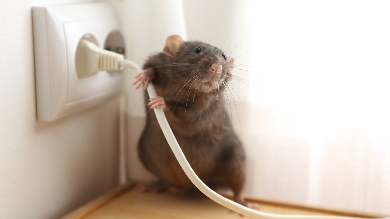 Rat near electrical outlet, holding a cable with its paws.