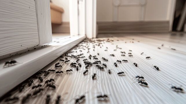 Ants crawling across a wooden floor near a doorway.