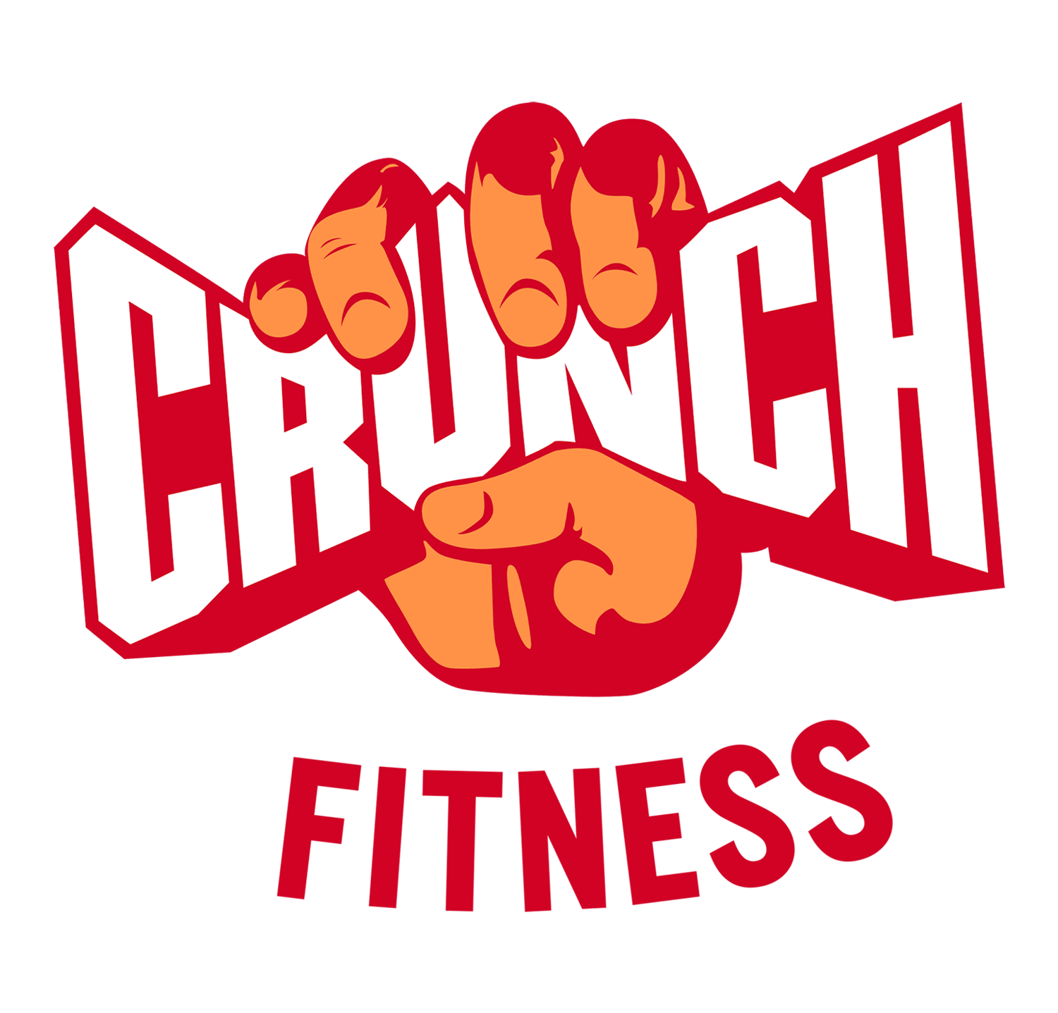 Crunch Fitness logo: orange fist clenching "CRUNCH", red and white lettering, "FITNESS" below in red.