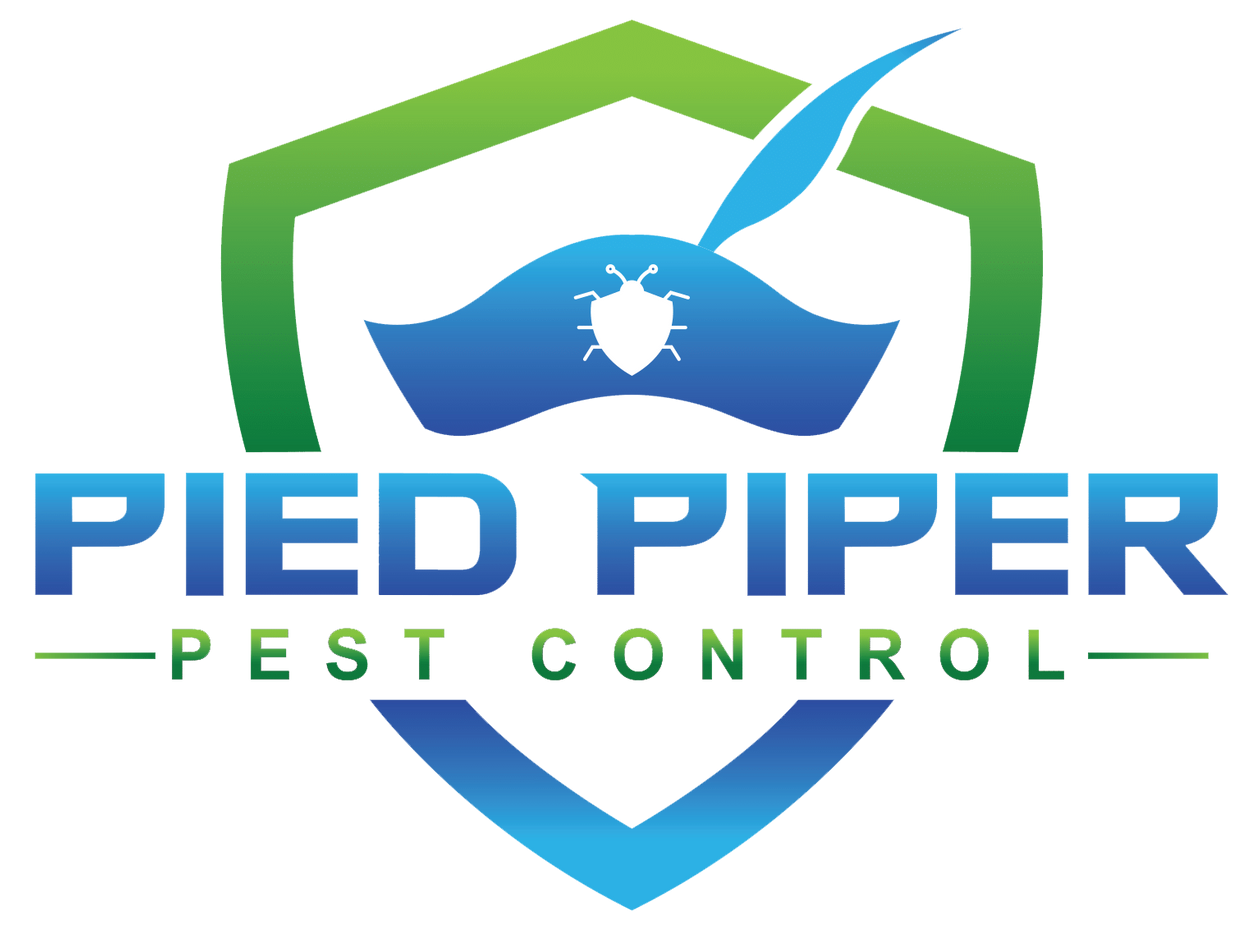 Logo for Pied Piper Pest Control: shield with green and blue accents, bug icon, and text.